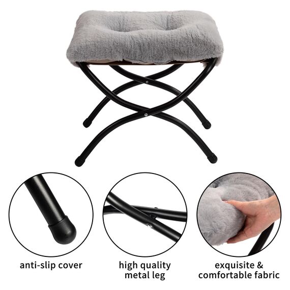 HollyHOME Fußhocker Klappbar Fußablage Fußstütze Faltbar Sitzhocker mit Metallbeinen Fusshocker mit Abnehmbar Gepolsterte Sitzfläche, Plüsch Grau