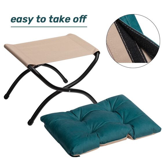 HollyHOME Fußhocker Klappbar Fußablage Fußstütze Faltbar Sitzhocker mit Metallbeinen Fusshocker mit Abnehmbar Gepolsterte Sitzfläche, Pfauenblau
