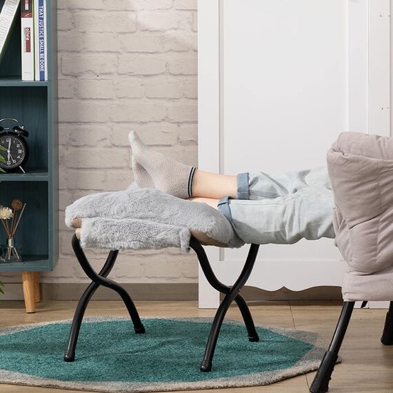 HollyHOME Fußhocker Klappbar Fußablage Fußstütze Faltbar Sitzhocker mit Metallbeinen Fusshocker mit Abnehmbar Gepolsterte Sitzfläche, Plüsch Grau