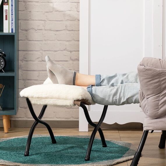 HollyHOME Fußhocker Klappbar Fußablage Fußstütze Faltbar Sitzhocker mit Metallbeinen Fusshocker mit Abnehmbar Gepolsterte Sitzfläche, Plüsch Beige