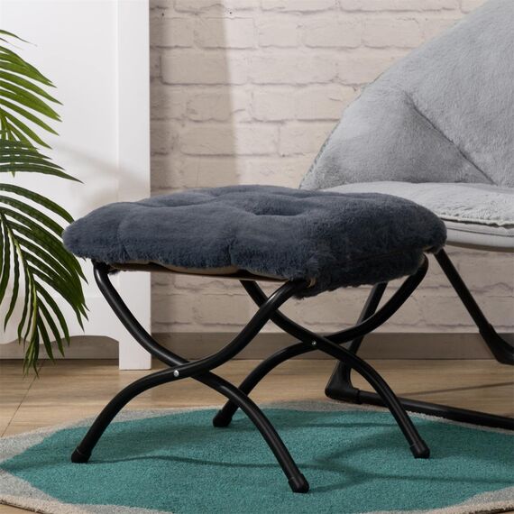 HollyHOME Fußhocker Klappbar Fußablage Fußstütze Faltbar Sitzhocker mit Metallbeinen Fusshocker mit Abnehmbar Gepolsterte Sitzfläche, Plüsch Dunkelgrau