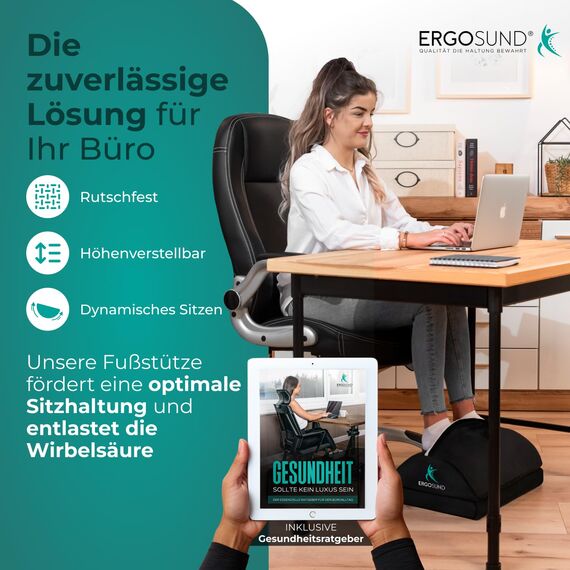 ERGOSUND Fußstütze Schreibtisch [mit verbesserter Flausch-Fußtasche] Höhenverstellbare Fußbank [rutschfest] Ergonomische Fußablage Schreibtisch, Homeoffice Büro Zubehör Fußhocker Footrest Fussstütze