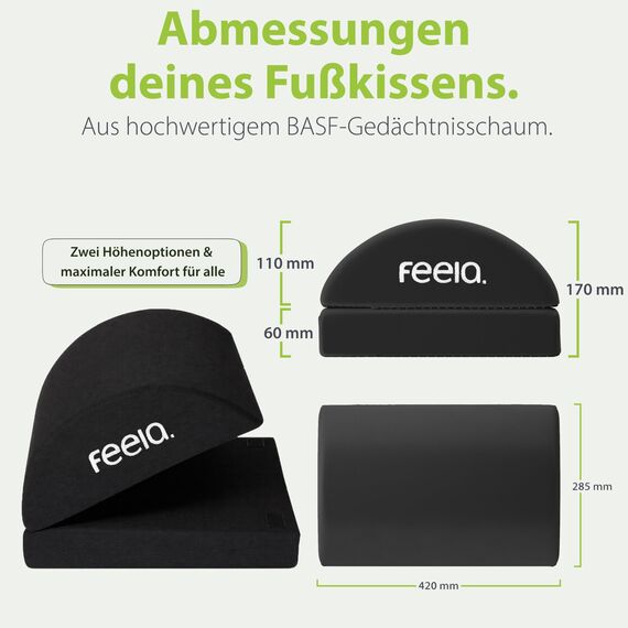 feela.® Fußstütze Schreibtisch [VERGLEICHSSIEGER] – Ergonomische Fußhocker mit Premium-Schaumkern & integriertem Wärmekissen – Rutschfester, Höhenverstellbares, Schreibtisch Zubehör (Schwarz)