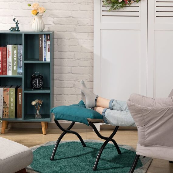 HollyHOME Fußhocker Klappbar Fußablage Fußstütze Faltbar Sitzhocker mit Metallbeinen Fusshocker mit Abnehmbar Gepolsterte Sitzfläche, Pfauenblau