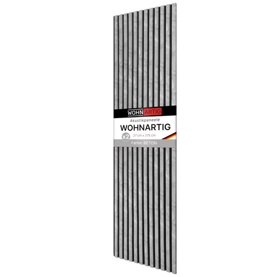 wohnartig® Akustikpaneele 1,485m² - 275cm x 54cm* set - (set = 2 Stück 275cm x 27cm) | Farbe: Beton 885 | Wandverkleidung | Akustikpaneel | Wandpaneele auf filz | Akustikfilz | Lamellenwand
