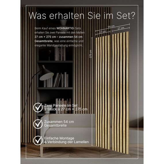 wohnartig® Akustikpaneele 1,485m² - 275cm x 54cm* set - (set = 2 Stück 275cm x 27cm) | Farbe: Eiche Santa 661 | Wandverkleidung | Akustikpaneel | Wandpaneele auf filz | Akustikfilz