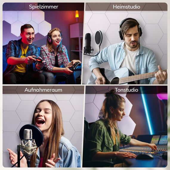 18 Stücke Hexagon Akustikplatten selbstklebend, TONOR Schallabsorber Schallschutz mit Hochdichte Wandfliesen Schall Dämmung 30x26x1 cm für Studio, Akustische Behandlung und Wanddekoration