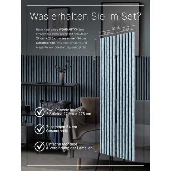 wohnartig® Akustikpaneele 1,485m² - 275cm x 54cm* set - (set = 2 Stück 275cm x 27cm) | Farbe: Granit 867 | Wandverkleidung | Akustikpaneel | Wandpaneele auf filz | Akustikfilz | Lamellenwand