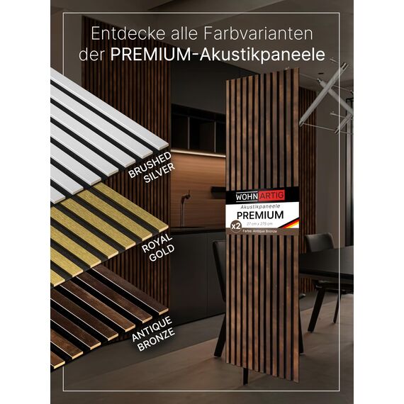 wohnartig® Akustikpaneele 1,485m² - 275cm x 54cm* set - (set = 2 Stück 275cm x 27cm) | Farbe: Antique Bronze 345 | Wandverkleidung | Akustikpaneel | Wandpaneele auf filz | Akustikfilz