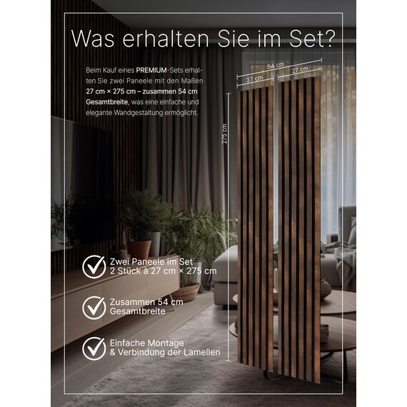 wohnartig® Akustikpaneele 1,485m² - 275cm x 54cm* set - (set = 2 Stück 275cm x 27cm) | Farbe: Antique Bronze 345 | Wandverkleidung | Akustikpaneel | Wandpaneele auf filz | Akustikfilz