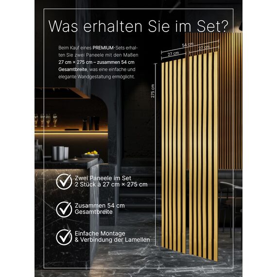 wohnartig® Akustikpaneele 1,485m² - 275cm x 54cm* set - (set = 2 Stück 275cm x 27cm) | Farbe: Royal Gold 434 | Wandverkleidung | Akustikpaneel | Wandpaneele auf filz | Akustikfilz