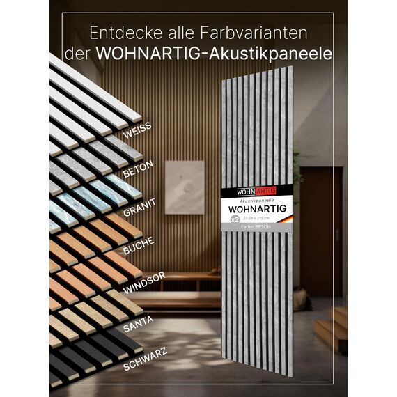 wohnartig® Akustikpaneele 1,485m² - 275cm x 54cm* set - (set = 2 Stück 275cm x 27cm) | Farbe: Beton 885 | Wandverkleidung | Akustikpaneel | Wandpaneele auf filz | Akustikfilz | Lamellenwand
