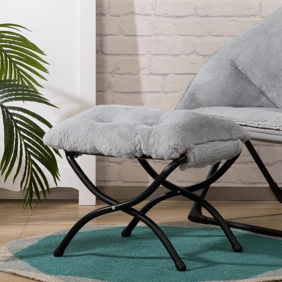 HollyHOME Fußhocker Klappbar Fußablage Fußstütze Faltbar Sitzhocker mit Metallbeinen Fusshocker mit Abnehmbar Gepolsterte Sitzfläche, Plüsch Grau