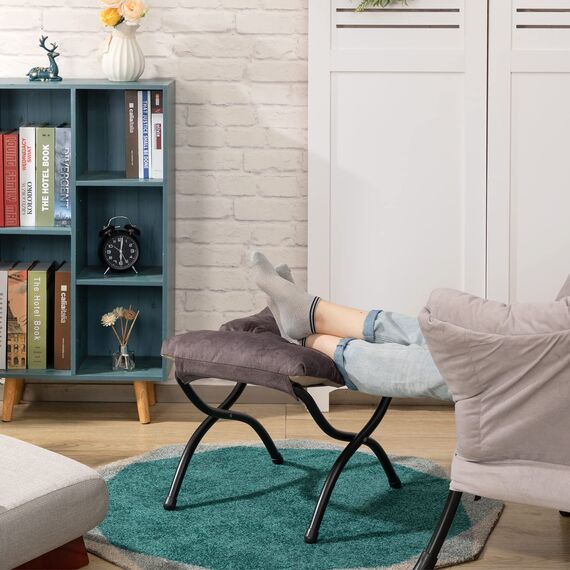 HollyHOME Fußhocker Klappbar Fußablage Fußstütze Faltbar Sitzhocker mit Metallbeinen Fusshocker mit Abnehmbar Gepolsterte Sitzfläche, Grau Braun