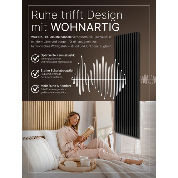 wohnartig® Akustikpaneele 1,485m² - 275cm x 54cm* set - (set = 2 Stück 275cm x 27cm) | Farbe: Schwarz 905 | Wandverkleidung | Akustikpaneel | Wandpaneele auf filz | Akustikfilz | Lamellenwand