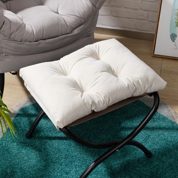 HollyHOME Fußhocker Klappbar Fußablage Fußstütze Faltbar Sitzhocker mit Metallbeinen Fusshocker mit Abnehmbar Gepolsterte Sitzfläche Samt, Beige