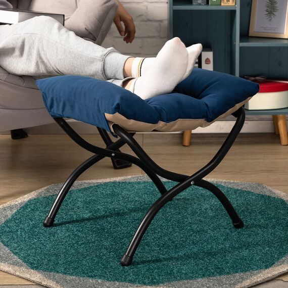 HollyHOME Fußhocker Klappbar Fußablage Fußstütze Faltbar Sitzhocker mit Metallbeinen Fusshocker mit Abnehmbar Gepolsterte Sitzfläche Samt, Dunkelblau