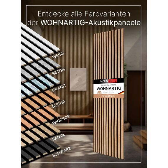wohnartig® Akustikpaneele 1,485m² - 275cm x 54cm* set - (set = 2 Stück 275cm x 27cm) | Farbe: Buche 206 | Wandverkleidung | Lamellenverkleidung | Akustikpaneel | Wandpaneele auf filz | Akustikfilz
