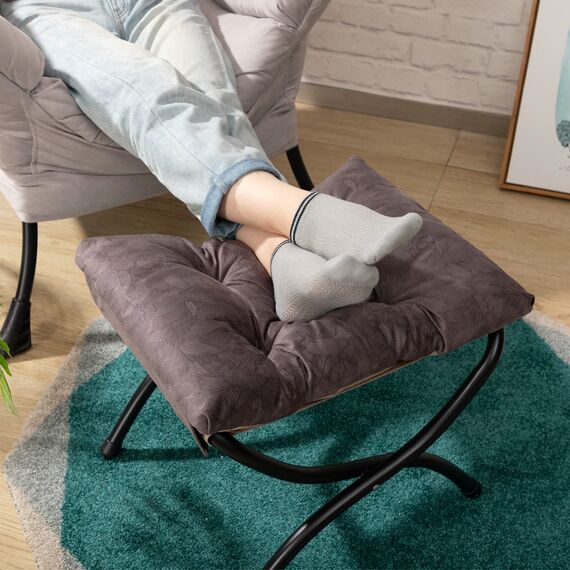 HollyHOME Fußhocker Klappbar Fußablage Fußstütze Faltbar Sitzhocker mit Metallbeinen Fusshocker mit Abnehmbar Gepolsterte Sitzfläche, Grau Braun