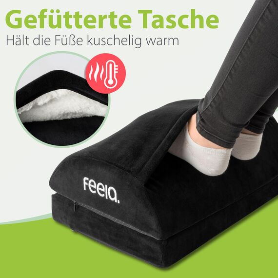 feela.® Fußstütze Schreibtisch [VERGLEICHSSIEGER] – Ergonomische Fußhocker mit Premium-Schaumkern & integriertem Wärmekissen – Rutschfester, Höhenverstellbares, Schreibtisch Zubehör (Schwarz)