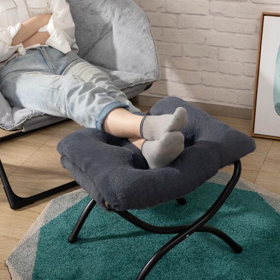 HollyHOME Fußhocker Klappbar Fußablage Fußstütze Faltbar Sitzhocker mit Metallbeinen Fusshocker mit Abnehmbar Gepolsterte Sitzfläche, Plüsch Dunkelgrau