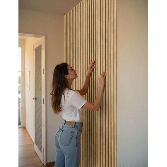 wohnartig® Akustikpaneele 1,485m² - 275cm x 54cm | Muster Farben: Eiche Santa, Eiche Windsor, Beton, Bianco, Granit, Schwarz, Buche | Wandverkleidung | Akustikpaneel | Wandpaneele auf filz