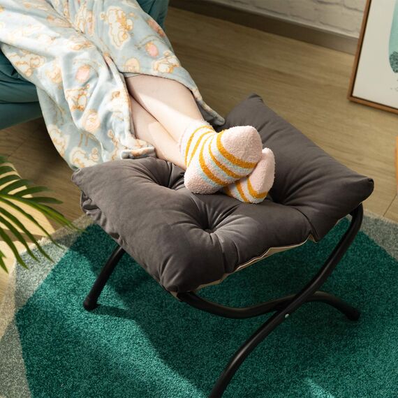 HollyHOME Fußhocker Klappbar Fußablage Fußstütze Faltbar Sitzhocker mit Metallbeinen Fusshocker mit Abnehmbar Gepolsterte Sitzfläche Samt, Dunkelgrau