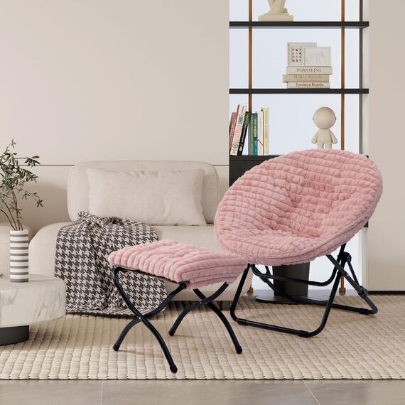 HollyHOME Fußhocker Klappbar Fußablage Fußstütze Faltbar Sitzhocker mit Metallbeinen Fusshocker mit Abnehmbar Gepolsterte Sitzfläche, Rosa