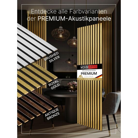 wohnartig® Akustikpaneele 1,485m² - 275cm x 54cm* set - (set = 2 Stück 275cm x 27cm) | Farbe: Royal Gold 434 | Wandverkleidung | Akustikpaneel | Wandpaneele auf filz | Akustikfilz