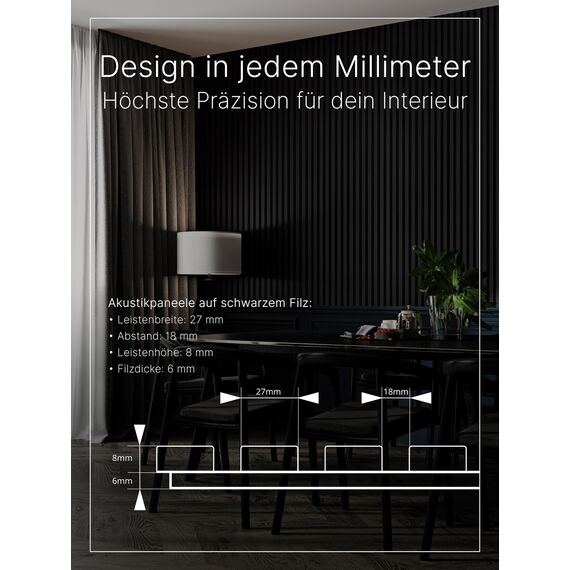 wohnartig® Akustikpaneele 1,485m² - 275cm x 54cm* set - (set = 2 Stück 275cm x 27cm) | Farbe: Schwarz 905 | Wandverkleidung | Akustikpaneel | Wandpaneele auf filz | Akustikfilz | Lamellenwand