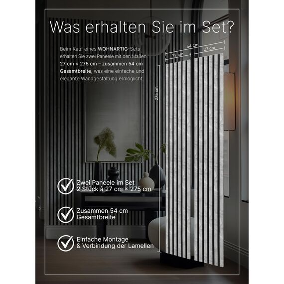 wohnartig® Akustikpaneele 1,485m² - 275cm x 54cm* set - (set = 2 Stück 275cm x 27cm) | Farbe: Beton 885 | Wandverkleidung | Akustikpaneel | Wandpaneele auf filz | Akustikfilz | Lamellenwand