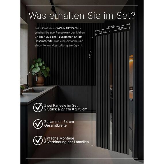 wohnartig® Akustikpaneele 1,485m² - 275cm x 54cm* set - (set = 2 Stück 275cm x 27cm) | Farbe: Schwarz 905 | Wandverkleidung | Akustikpaneel | Wandpaneele auf filz | Akustikfilz | Lamellenwand