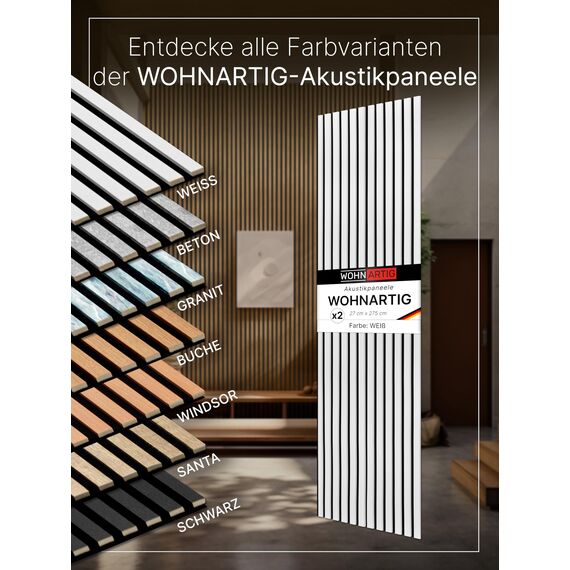 wohnartig® Akustikpaneele 1,485m² - 275cm x 54cm* set - (set = 2 Stück 275cm x 27cm) | Farbe: Weiß 590 | Wandverkleidung | Akustikpaneel | Wandpaneele auf filz | Akustikfilz | Lamellenwand