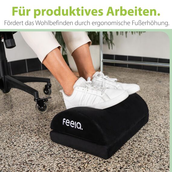 feela.® Fußstütze Schreibtisch [VERGLEICHSSIEGER] – Ergonomische Fußhocker mit Premium-Schaumkern & integriertem Wärmekissen – Rutschfester, Höhenverstellbares, Schreibtisch Zubehör (Schwarz)
