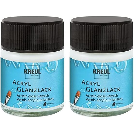 Kreul 79401 - Acryl Glanzlack, glänzend transparent, 50 ml Glas, auf Wasserbasis, Schutz- und Überzugslack für durchgetrocknete Aufmalungen, bedingt witterungsbeständig, speichelecht (Packung mit 2)