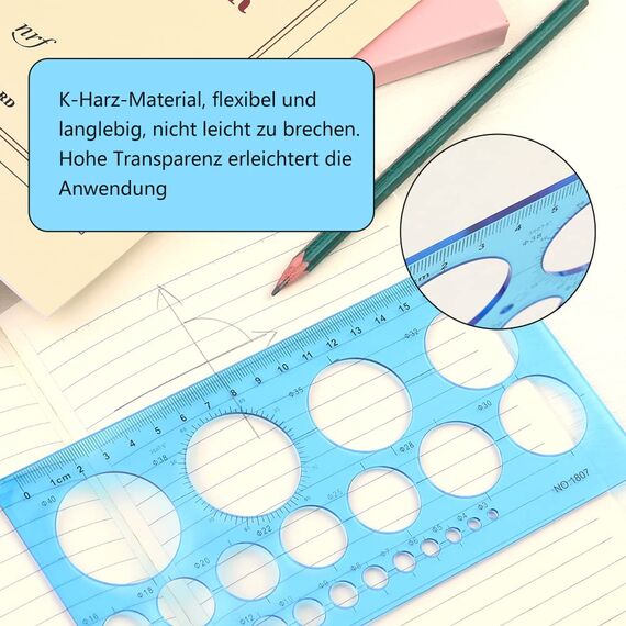 Namner Kreisschablone, Kreis Schablone mit 22 Kreisen, Kreis Schablonen zum Malen, Kreis Lineal für Zeichenhilfen, Quilling Schablone, Transparent Blau