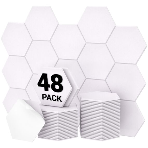 Hexagon Akustikplatten selbstklebend 48 Stücke, TONOR Schallabsorber Schallschutz mit Hochdichte Wandfliesen Schall Dämmung 30x26x1 cm für Studio, Büro, Akustische Behandlung und Wanddekoration Weiß