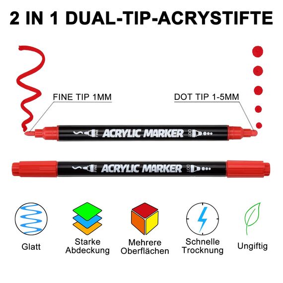 DealKits 36 Farbige Acrylstifte, Dual Tip Stifte für Steine Bemalen, Wasserfest Multimarker Doppelspitze Acryl Permanent Marker für Leinwand Papier Fotoalbum Gästebuch Holz Eier