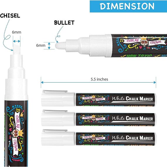 Chalky Crown Flüssige Kreidemarker - Flüssigkreide - Kreidestifte für Tafelschilder, Fenster, Wandtafeln, Glas - 6 mm Umkehrbare Spitze (5er-Pack) - Inklusive 24 Tafeletiketten