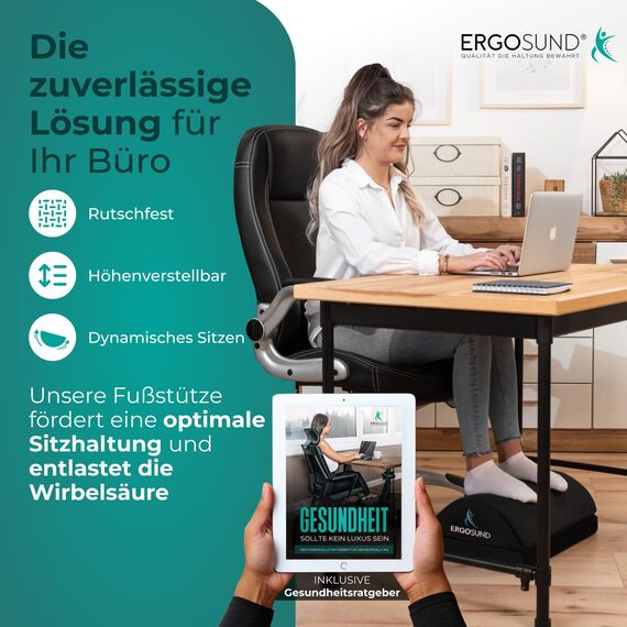 ERGOSUND Fußstütze Schreibtisch [TESTSIEGER] Premium Schaumstoffkern, Höhenverstellbare Fußbank [rutschfest] Ergonomische Fußablage Schreibtisch, Homeoffice Büro Zubehör Fußhocker Footrest Fussstütze