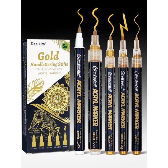 DealKits 5x Goldene Acrylstifte, Deckende Acrylmarker für Holz Glas Papier Stein, Schnelltrocknend Wasserfest Acrylic Marker Brush Pen Kalligrafie Stift, Kreidestifte für Tafel Abwaschbar