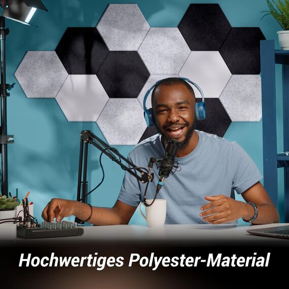 Hexagon Akustikpaneele selbstklebend 18 Stücke,TONOR 30x26x0,9cm Schallschutz Schalldämmung Schallschutzplatten, 6 St.Grau + 6 St.Schwarz + 6 St.Weiß