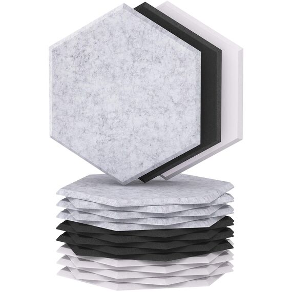 Hexagon Akustikpaneele selbstklebend 18 Stücke,TONOR 30x26x0,9cm Schallschutz Schalldämmung Schallschutzplatten, 6 St.Grau + 6 St.Schwarz + 6 St.Weiß