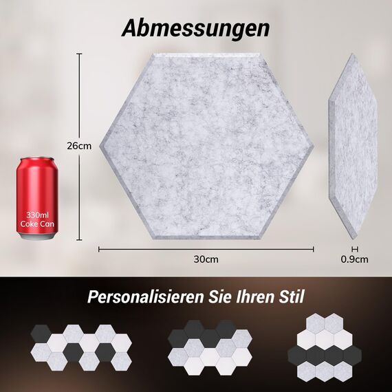 Hexagon Akustikpaneele selbstklebend 18 Stücke,TONOR 30x26x0,9cm Schallschutz Schalldämmung Schallschutzplatten, 6 St.Grau + 6 St.Schwarz + 6 St.Weiß