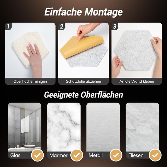 Hexagon Akustikpaneele selbstklebend 18 Stücke,TONOR 30x26x0,9cm Schallschutz Schalldämmung Schallschutzplatten, 6 St.Grau + 6 St.Schwarz + 6 St.Weiß