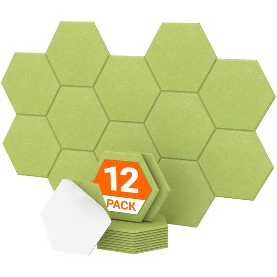 Hexagon Akustikpaneele selbstklebend 12 Stücke, TONOR Schallabsorber Schallschutz mit Hochdichte Wandfliesen Schalldämmung 30x26x1cm für Studio, Büro, Akustische Behandlung und Wanddekoration, Grün