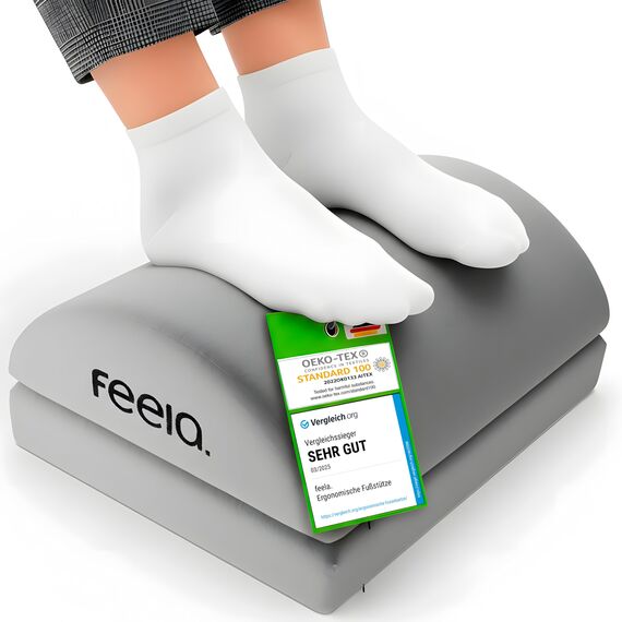 feela.® Fußstütze Schreibtisch [VERGLEICHSSIEGER] – Ergonomische Fußhocker mit Premium-Schaumkern - Rutschfester, Höhenverstellbares, Schreibtisch Zubehör fürs Home office und Gaming (Silber)