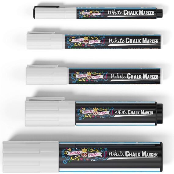 Chalky Crown - Kreidestifte für Tafel Abwaschbar - 5 Weiße Kreidemarker - Ungiftige Flüssigkreide-Marker für Fenster, Glas - 1, 3, 6, 10, 15 mm Spitzen