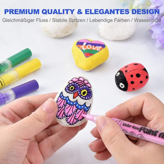 Wasserfeste Acrylstifte mit 0,7mm Spitze, Acrylstift Set für Steine Bemalen, 12 Farben Wasserfest Stifte Acrylmarker für Steine Scrapbooking Fotoalbum Hochzeit Gästebuch Holz Ostern Basteln Leinwand