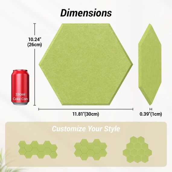 Hexagon Akustikpaneele selbstklebend 12 Stücke, TONOR Schallabsorber Schallschutz mit Hochdichte Wandfliesen Schalldämmung 30x26x1cm für Studio, Büro, Akustische Behandlung und Wanddekoration, Grün